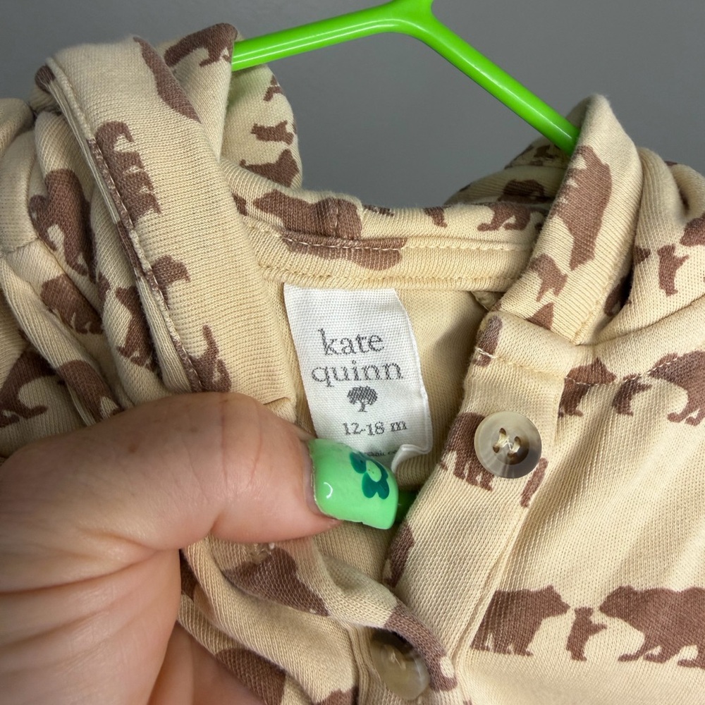 Kate Quinn Bear Print Hooded Baby One-Piece - Cream & Brown - Picture 4 of 4